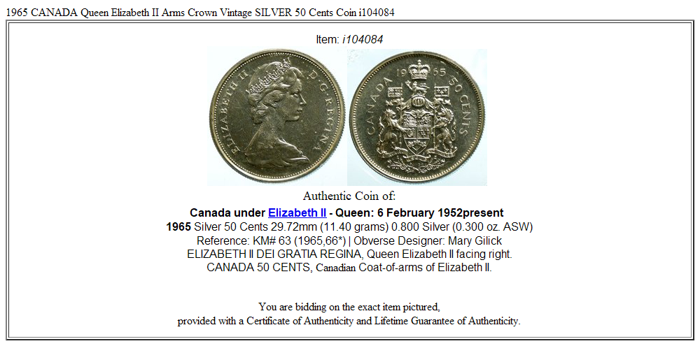 1965 CANADA Queen Elizabeth II Arms Crown Vintage SILVER 50 Cents Coin i104084