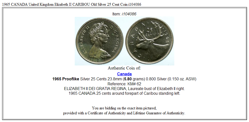 1965 CANADA United Kingdom Elizabeth II CARIBOU Old Silver 25 Cent Coin i104086