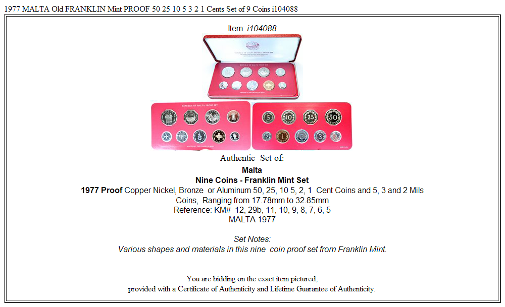 1977 MALTA Old FRANKLIN Mint PROOF 50 25 10 5 3 2 1 Cents Set of 9 Coins i104088
