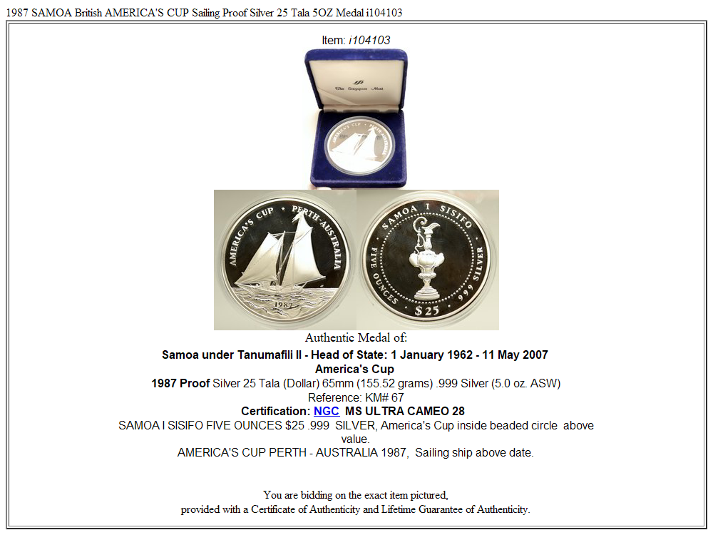 1987 SAMOA British AMERICA'S CUP Sailing Proof Silver 25 Tala 5OZ Medal i104103