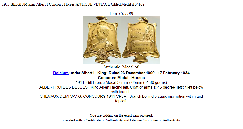 1911 BELGIUM King Albert I Concours Horses ANTIQUE VINTAGE Gilded Medal i104168