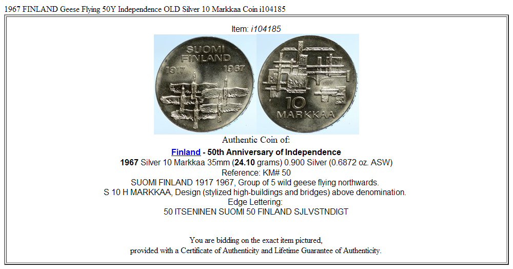 1967 FINLAND Geese Flying 50Y Independence OLD Silver 10 Markkaa Coin i104185