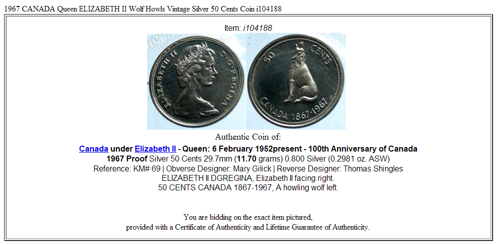 1967 CANADA Queen ELIZABETH II Wolf Howls Vintage Silver 50 Cents Coin i104188