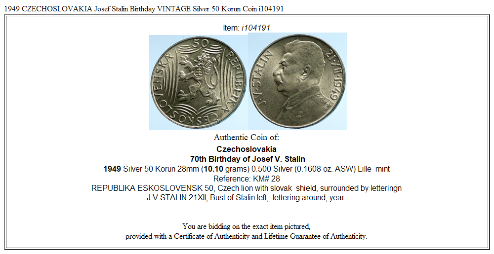 1949 CZECHOSLOVAKIA Josef Stalin Birthday VINTAGE Silver 50 Korun Coin i104191