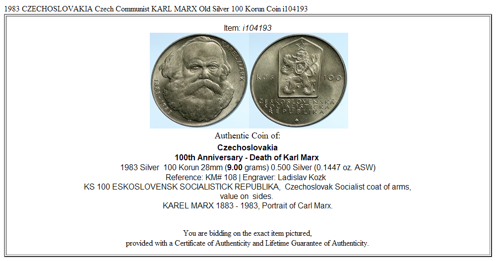 1983 CZECHOSLOVAKIA Czech Communist KARL MARX Old Silver 100 Korun Coin i104193