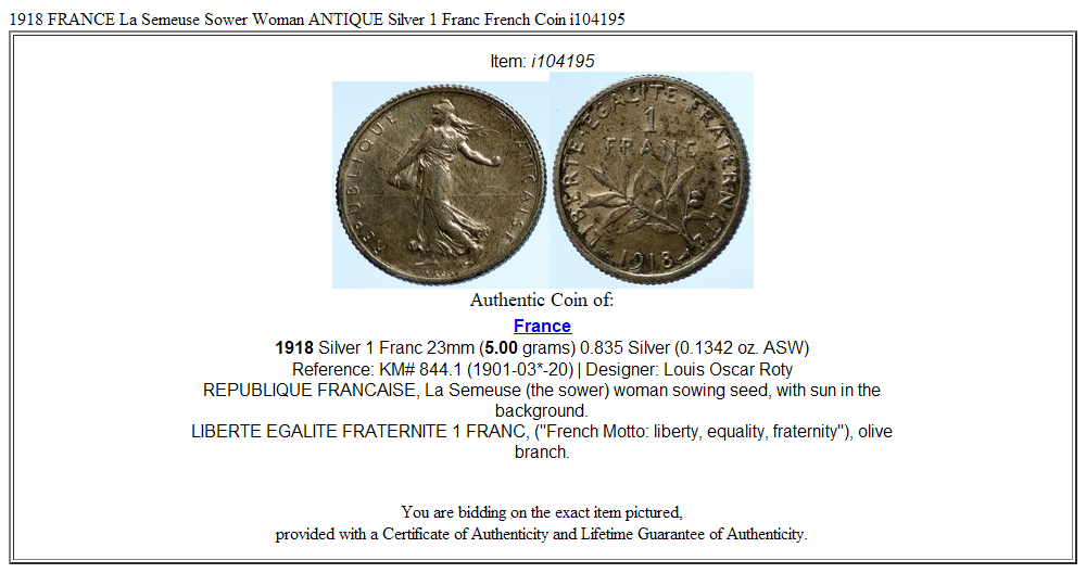 1918 FRANCE La Semeuse Sower Woman ANTIQUE Silver 1 Franc French Coin i104195