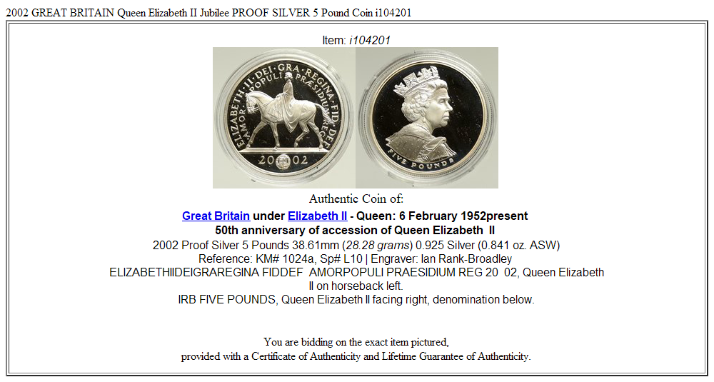 2002 GREAT BRITAIN Queen Elizabeth II Jubilee PROOF SILVER 5 Pound Coin i104201