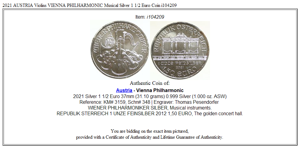 2021 AUSTRIA Violins VIENNA PHILHARMONIC Musical Silver 1 1/2 Euro Coin i104209