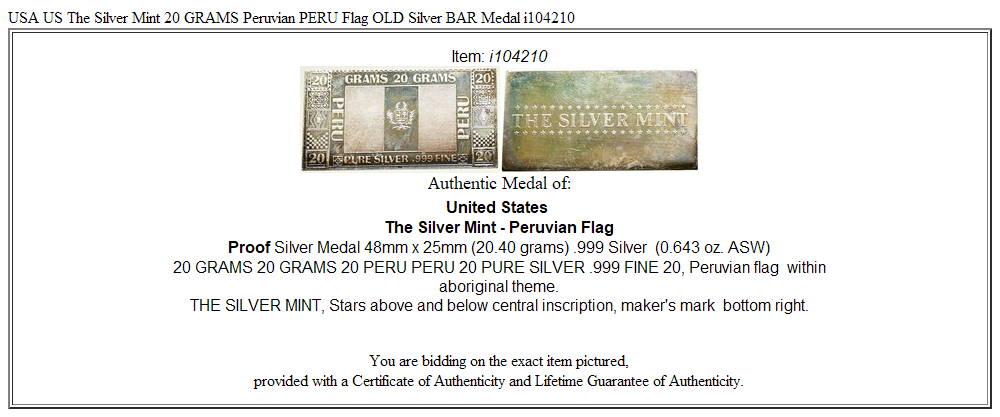 USA US The Silver Mint 20 GRAMS Peruvian PERU Flag OLD Silver BAR Medal i104210