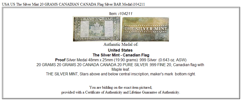 USA US The Silver Mint 20 GRAMS CANADIAN CANADA Flag Silver BAR Medal i104211