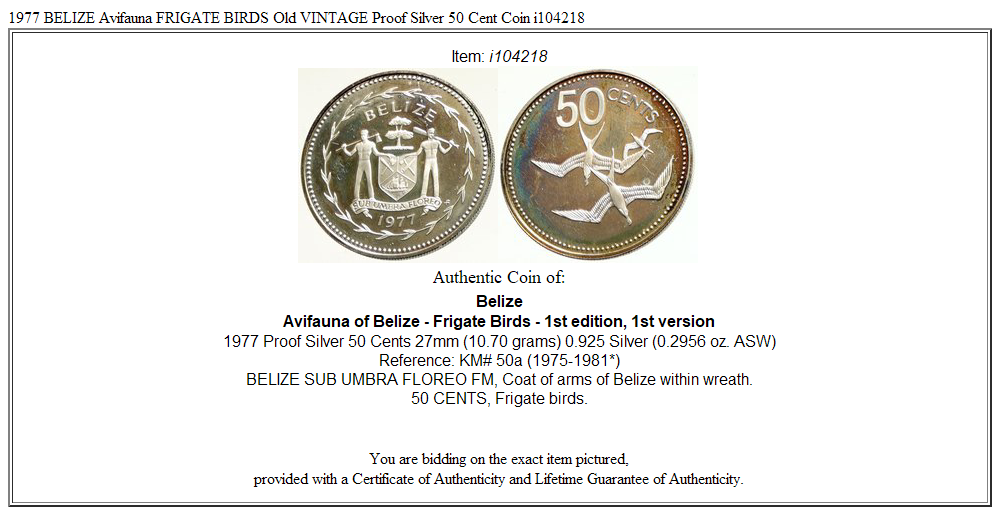 1977 BELIZE Avifauna FRIGATE BIRDS Old VINTAGE Proof Silver 50 Cent Coin i104218