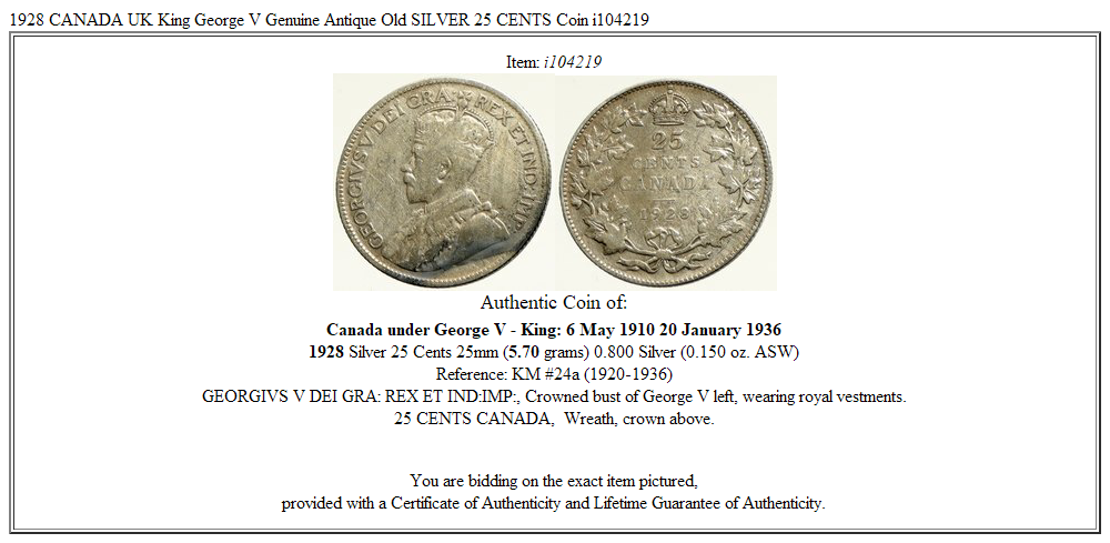 1928 CANADA UK King George V Genuine Antique Old SILVER 25 CENTS Coin i104219