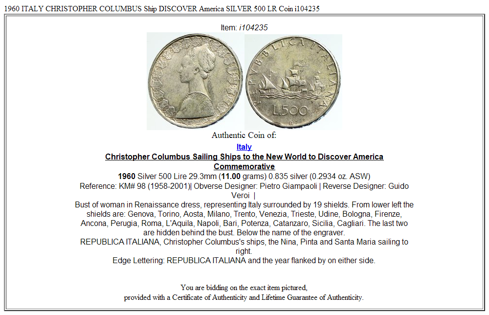 1960 ITALY CHRISTOPHER COLUMBUS Ship DISCOVER America SILVER 500 LR Coin i104235