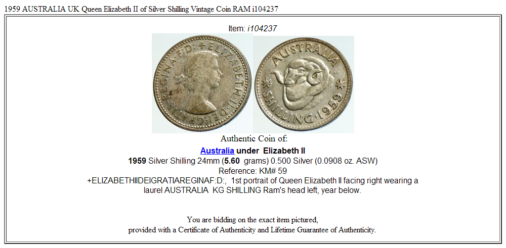 1959 AUSTRALIA UK Queen Elizabeth II of Silver Shilling Vintage Coin RAM i104237