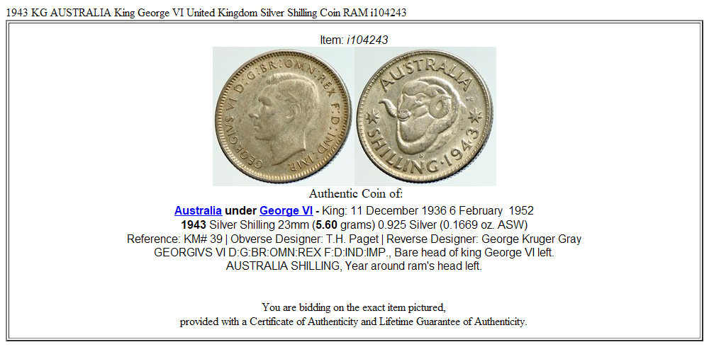 1943 KG AUSTRALIA King George VI United Kingdom Silver Shilling Coin RAM i104243