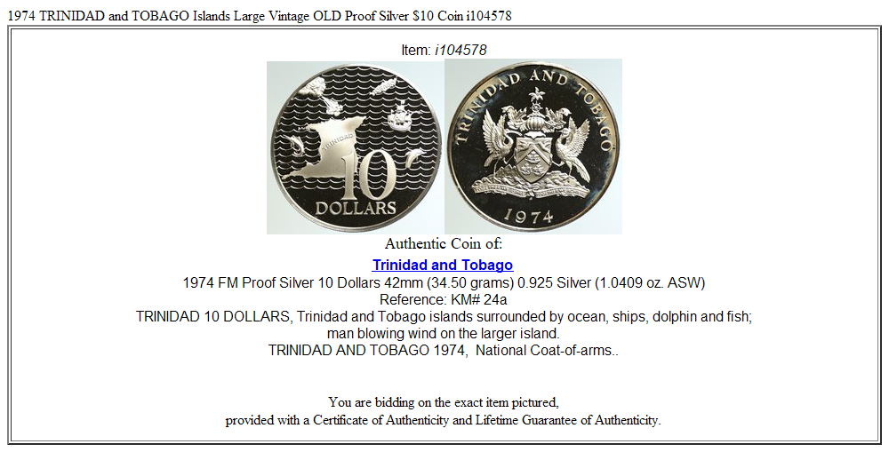 1974 TRINIDAD and TOBAGO Islands Large Vintage OLD Proof Silver $10 Coin i104578