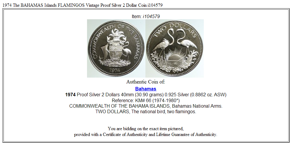 1974 The BAHAMAS Islands FLAMINGOS Vintage Proof Silver 2 Dollar Coin i104579