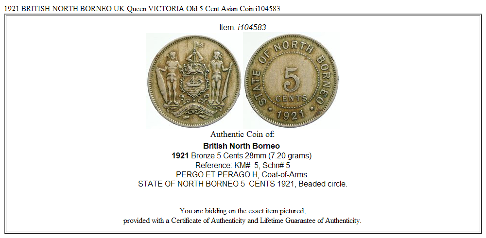 1921 BRITISH NORTH BORNEO UK Queen VICTORIA Old 5 Cent Asian Coin i104583