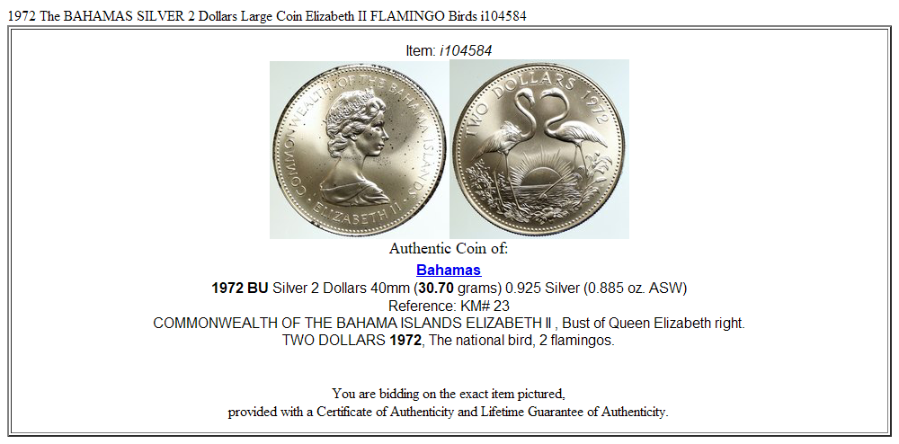 1972 The BAHAMAS SILVER 2 Dollars Large Coin Elizabeth II FLAMINGO Birds i104584