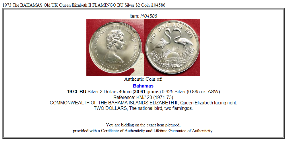 1973 The BAHAMAS Old UK Queen Elizabeth II FLAMINGO BU Silver $2 Coin i104586