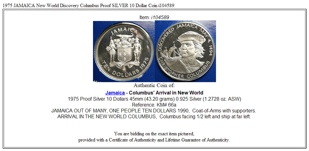 1975 JAMAICA New World Discovery Columbus Proof SILVER 10 Dollar Coin i104589