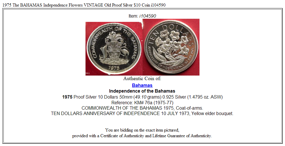 1975 The BAHAMAS Independence Flowers VINTAGE Old Proof Silver $10 Coin i104590