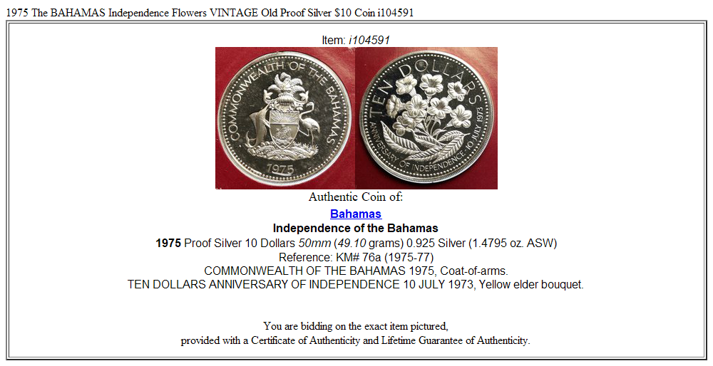 1975 The BAHAMAS Independence Flowers VINTAGE Old Proof Silver $10 Coin i104591