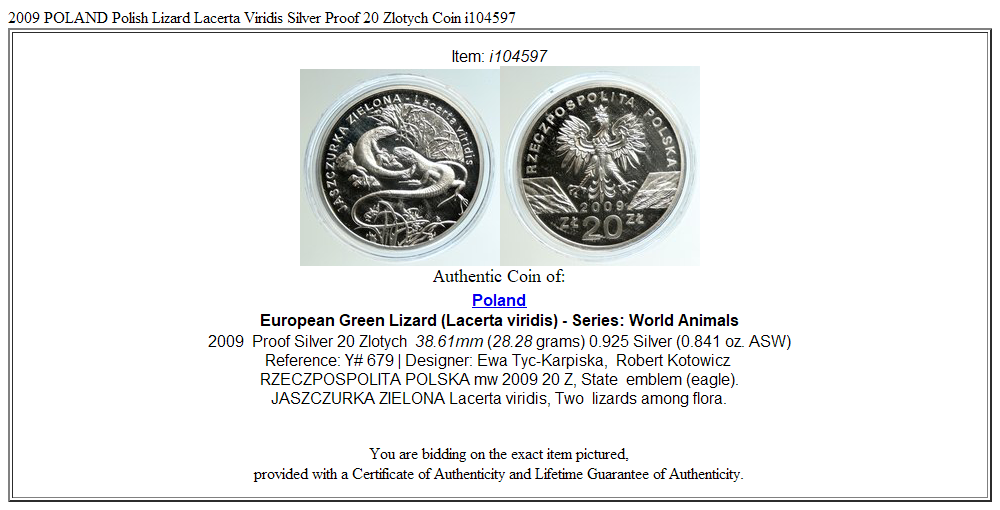 2009 POLAND Polish Lizard Lacerta Viridis Silver Proof 20 Zlotych Coin i104597