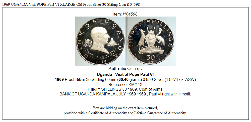 1969 UGANDA Visit POPE Paul VI XLARGE Old Proof Silver 30 Shilling Coin i104598