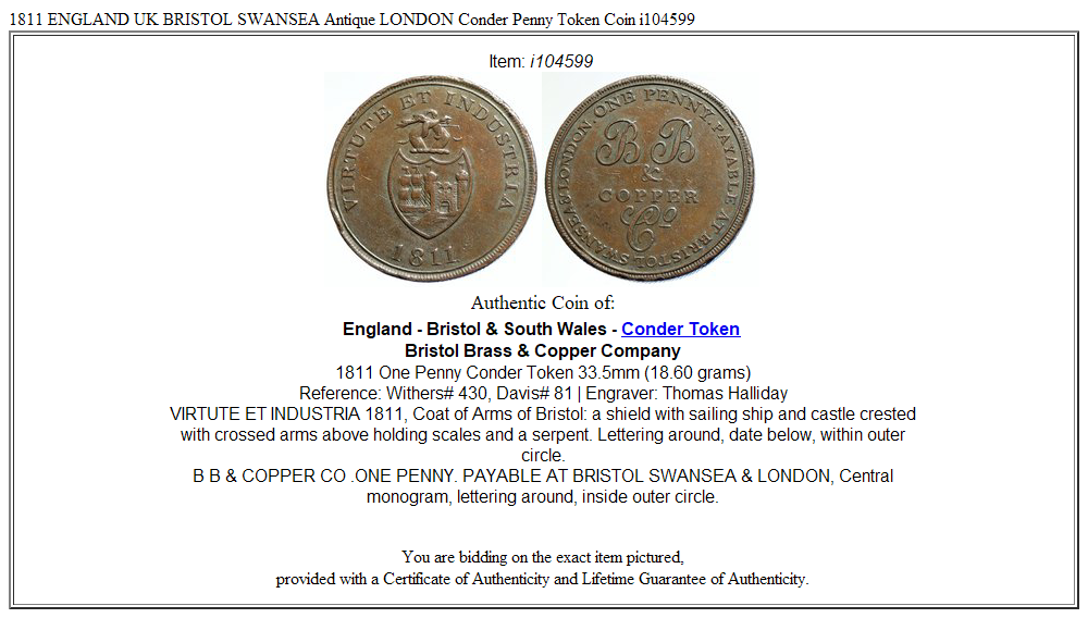 1811 ENGLAND UK BRISTOL SWANSEA Antique LONDON Conder Penny Token Coin i104599