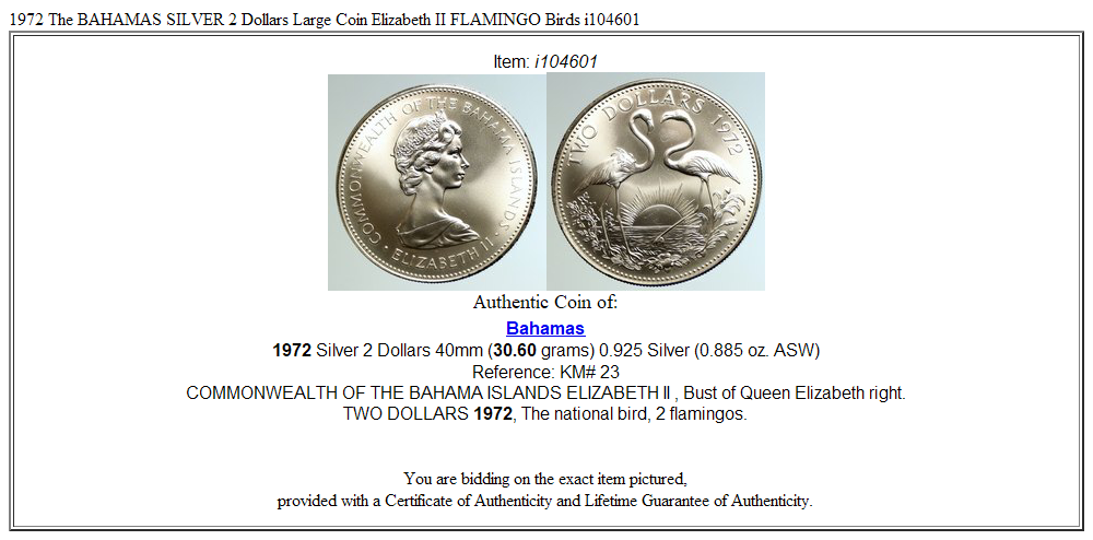 1972 The BAHAMAS SILVER 2 Dollars Large Coin Elizabeth II FLAMINGO Birds i104601