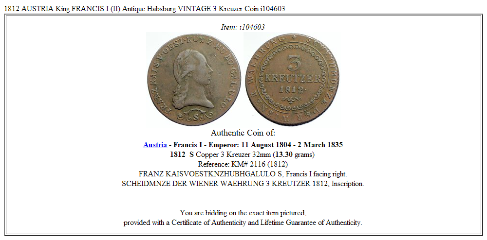 1812 AUSTRIA King FRANCIS I (II) Antique Habsburg VINTAGE 3 Kreuzer Coin i104603