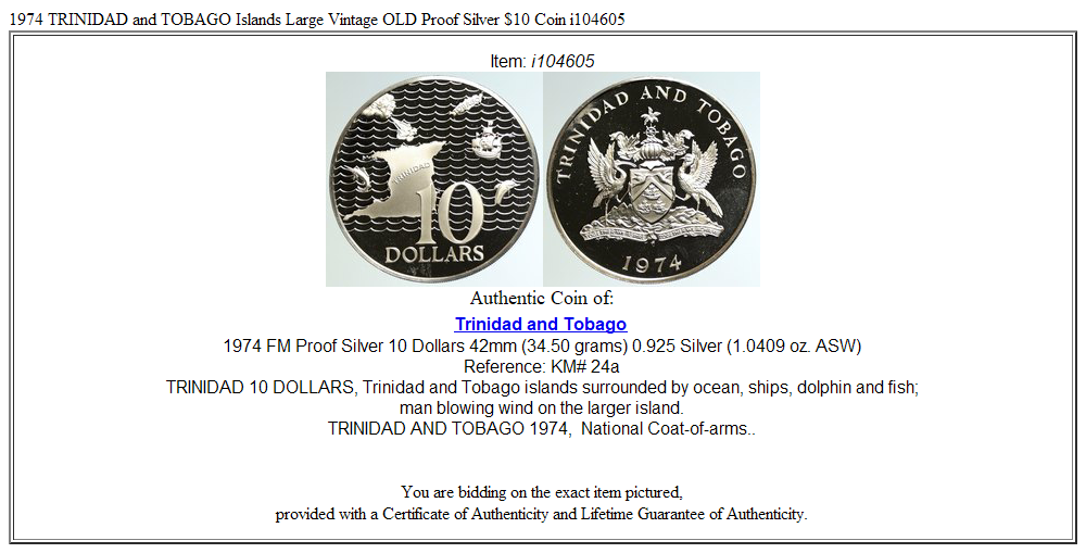 1974 TRINIDAD and TOBAGO Islands Large Vintage OLD Proof Silver $10 Coin i104605