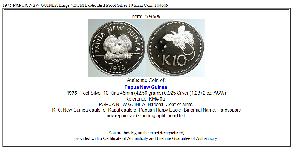 1975 PAPUA NEW GUINEA Large 4.5CM Exotic Bird Proof Silver 10 Kina Coin i104609