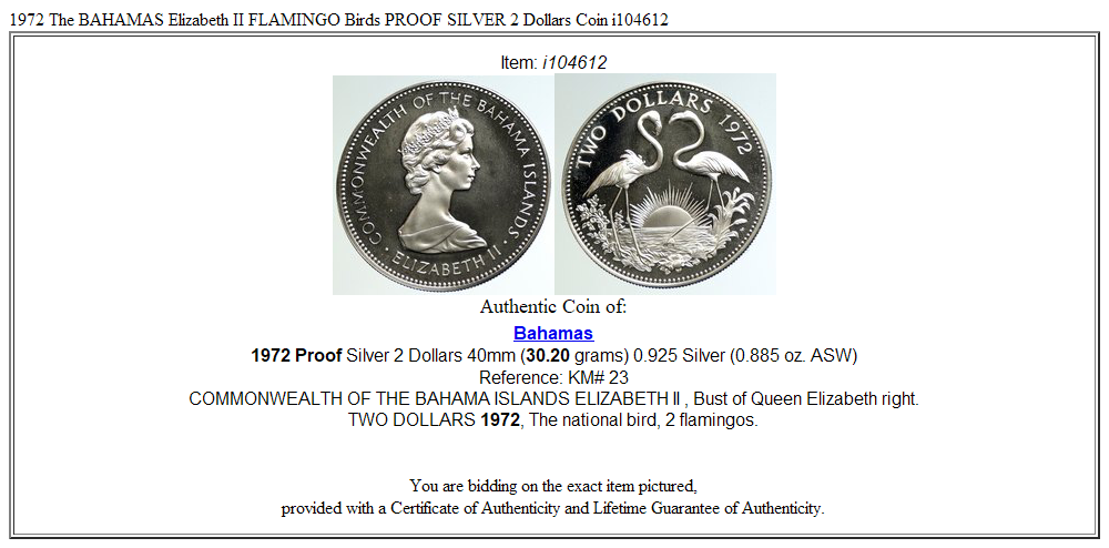 1972 The BAHAMAS Elizabeth II FLAMINGO Birds PROOF SILVER 2 Dollars Coin i104612