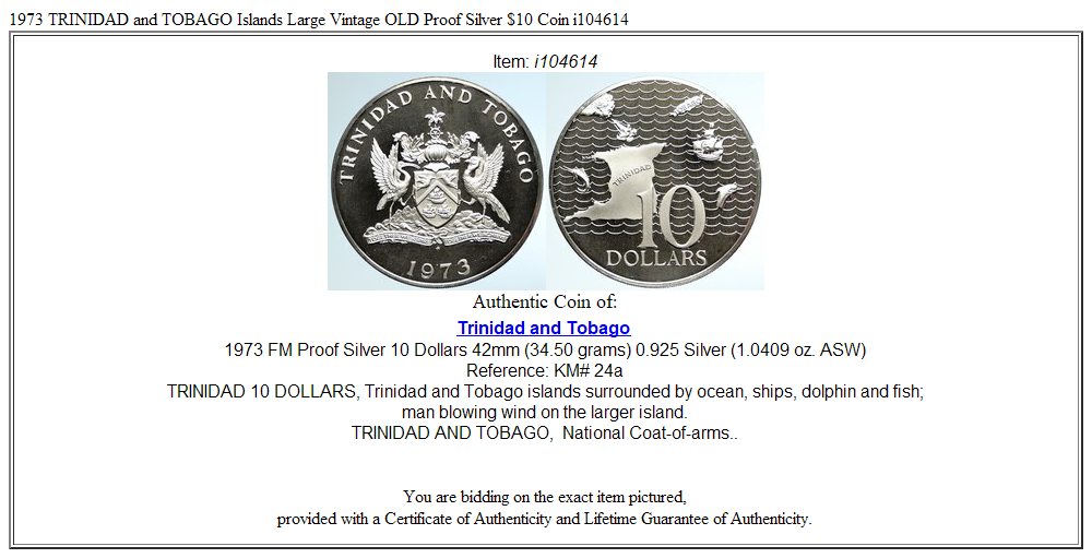 1973 TRINIDAD and TOBAGO Islands Large Vintage OLD Proof Silver $10 Coin i104614