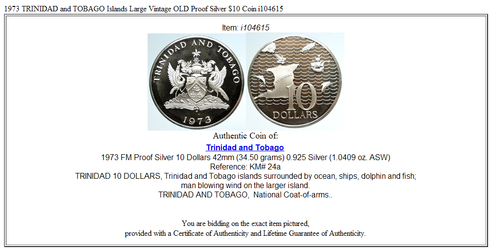 1973 TRINIDAD and TOBAGO Islands Large Vintage OLD Proof Silver $10 Coin i104615