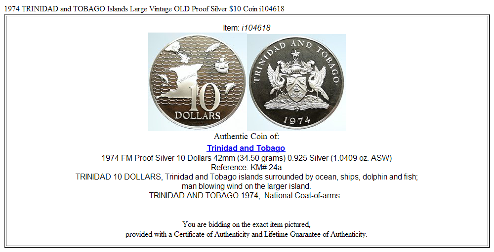 1974 TRINIDAD and TOBAGO Islands Large Vintage OLD Proof Silver $10 Coin i104618