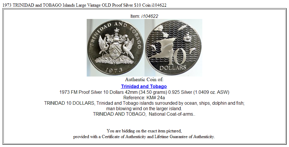 1973 TRINIDAD and TOBAGO Islands Large Vintage OLD Proof Silver $10 Coin i104622