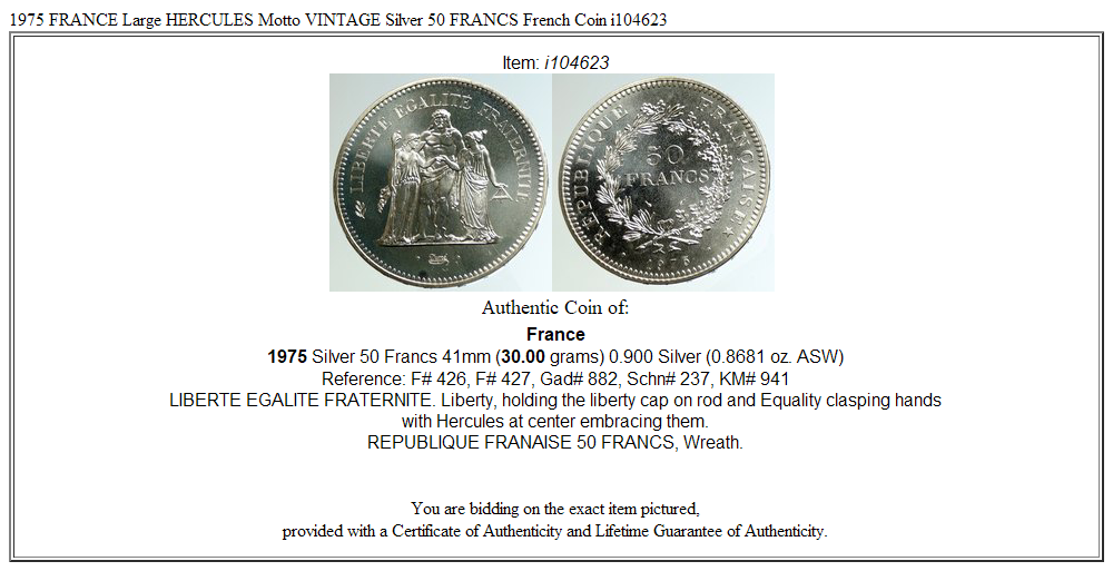 1975 FRANCE Large HERCULES Motto VINTAGE Silver 50 FRANCS French Coin i104623