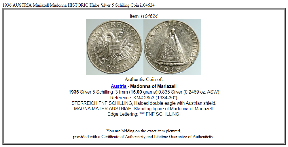 1936 AUSTRIA Mariazell Madonna HISTORIC Halos Silver 5 Schilling Coin i104624