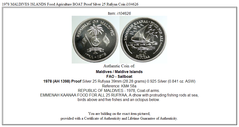 1978 MALDIVES ISLANDS Food Agriculture BOAT Proof Silver 25 Rufiyaa Coin i104626