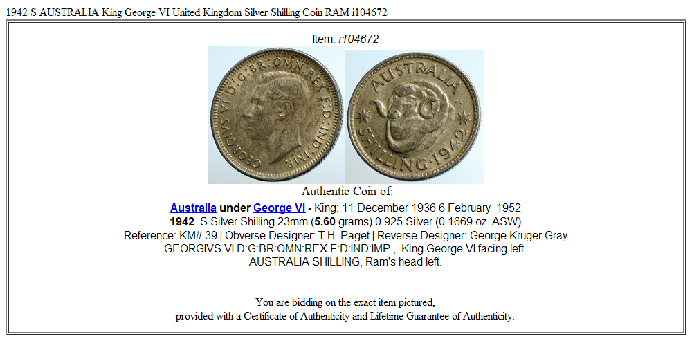 1942 S AUSTRALIA King George VI United Kingdom Silver Shilling Coin RAM i104672