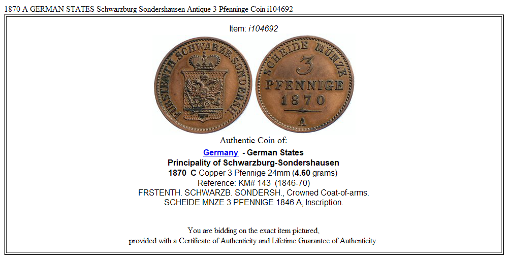 1870 A GERMAN STATES Schwarzburg Sondershausen Antique 3 Pfenninge Coin i104692