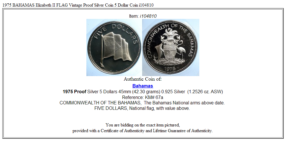 1975 BAHAMAS Elizabeth II FLAG Vintage Proof Silver Coin 5 Dollar Coin i104810