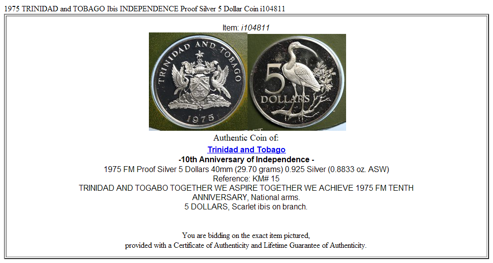 1975 TRINIDAD and TOBAGO Ibis INDEPENDENCE Proof Silver 5 Dollar Coin i104811