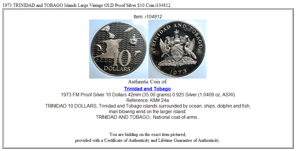 1973 TRINIDAD and TOBAGO Islands Large Vintage OLD Proof Silver $10 Coin i104812