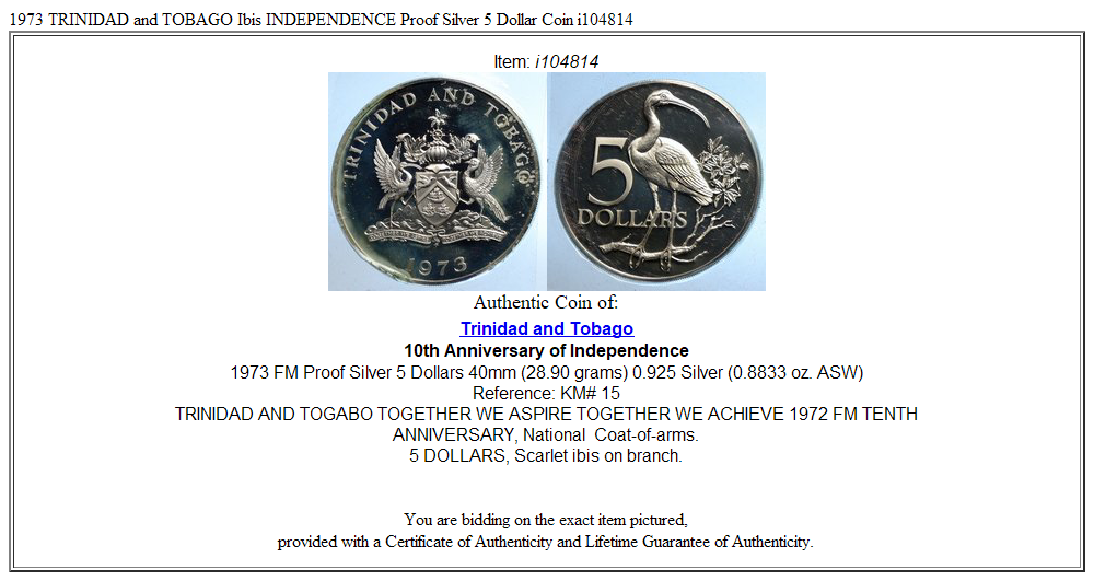 1973 TRINIDAD and TOBAGO Ibis INDEPENDENCE Proof Silver 5 Dollar Coin i104814