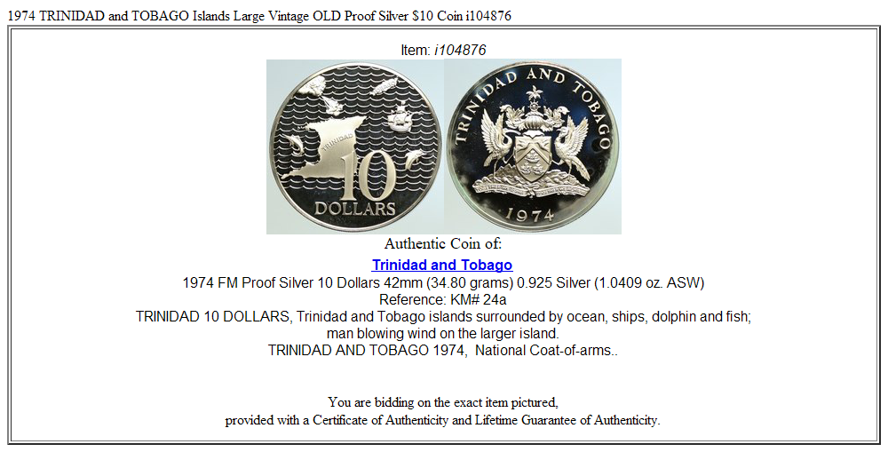 1974 TRINIDAD and TOBAGO Islands Large Vintage OLD Proof Silver $10 Coin i104876