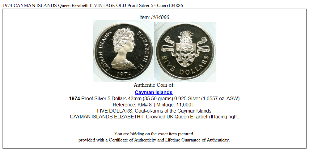 1974 CAYMAN ISLANDS Queen Elizabeth II VINTAGE OLD Proof Silver $5 Coin i104886